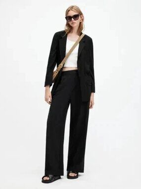 NWOT ALLSAINTS ALEIDA WL TROUSER Wide PullOn Pleated Elastic Waist Black Pants 4